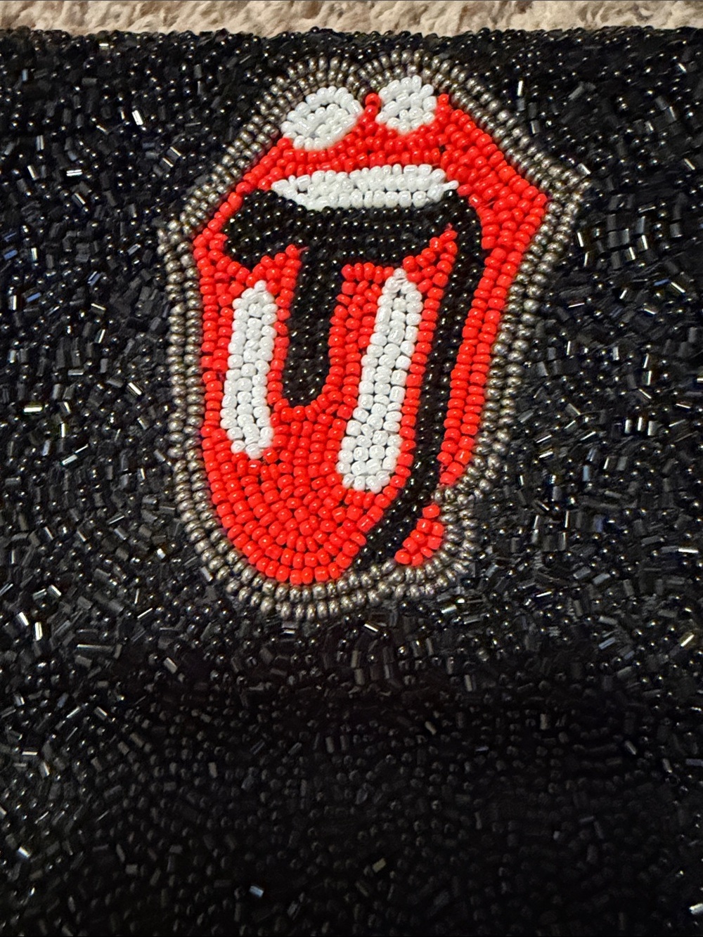 NWT Rolling Stones Beaded Black Crossbody Bag with Red Tongue Patch